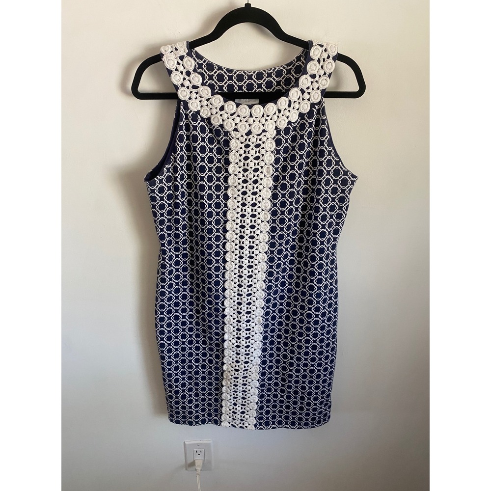 Charter Club Womens Navy Blue White Geometric Crochet Trim Shift Dress Size L